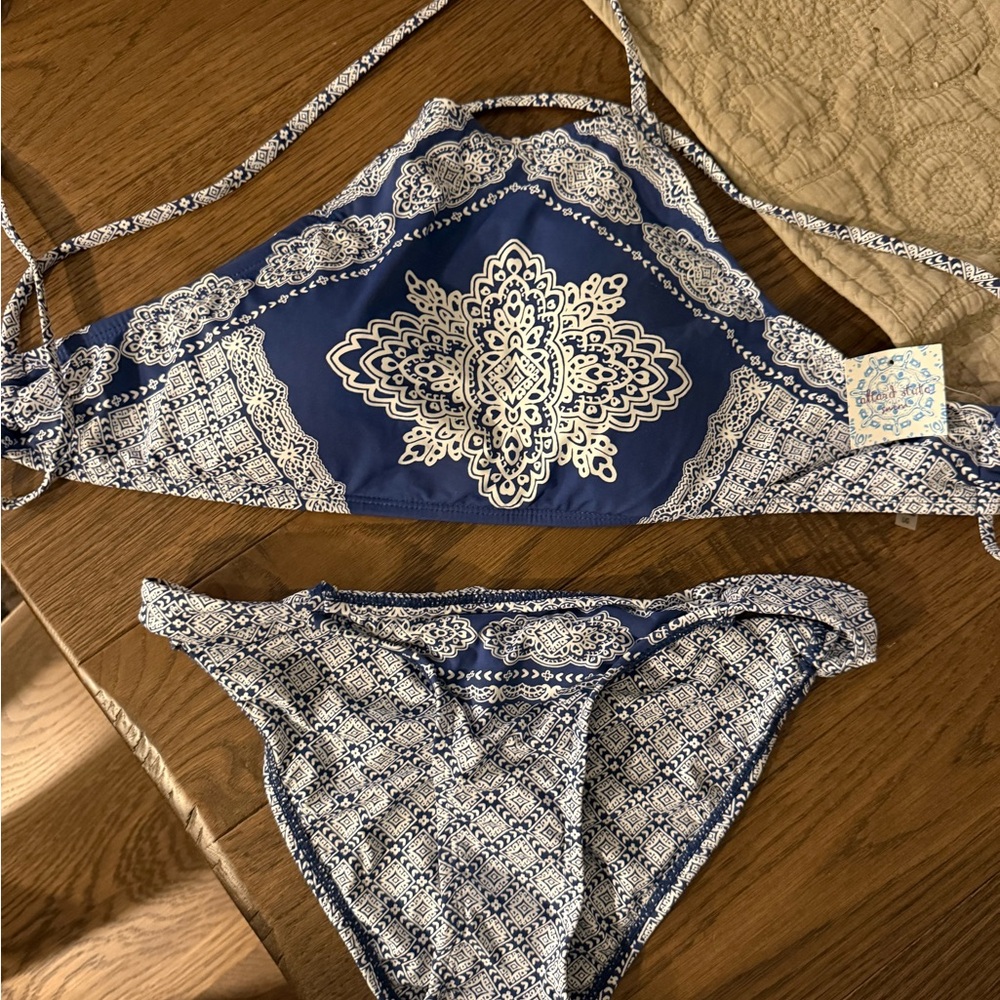 Altar'd State Navy and White Patterned Bikini
